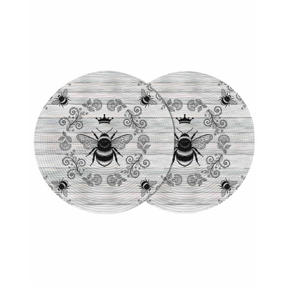 Vintage Bees Crowns Round 13 Inch Placemats Set of 2, Retro Leaves Rings Gray Wooden HeatResistant Non Slip Place Mats for Dining Table, Wipeable Braided Kitchen Table Mats for Housewarming