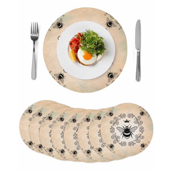 Vintage Bees Crowns Round 15 Inch Placemats Set of 8, Rustic Leaves Rings Brown Gradient HeatResistant Non Slip Place Mats for Dining Table, Wipeable Braided Kitchen Table Mats for Housewarming