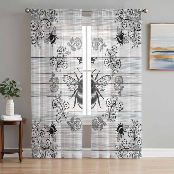 Vintage Bees Crowns Sheer Curtains 108 Inch Length 2 Panels Set Window Treatments, Retro Leaves Rings Gray Wooden Rod Pocket Semi Curtains for Living Room/Bedroom/Kitchen Décor, 104"W x 108"L