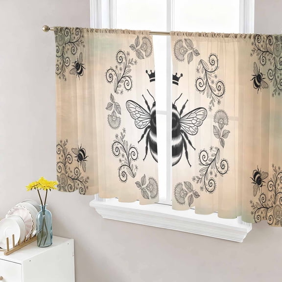 Vintage Bees Crowns Sheer Curtains 45 Inch Length 2 Panels Set Window Treatments, Rustic Leaves Rings Brown Gradient Rod Pocket Semi Curtains for Living Room/Bedroom/Kitchen Décor, 104"W x 45"L
