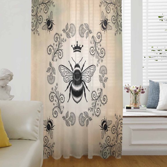 Vintage Bees Crowns Sheer Curtains 45 Inches Long for Living Room/Bedroom, Rustic Leaves Rings Brown Gradient Rod Pocket Voile Kitchen Curtains & Drapes Window Treatment 1 Panel, 52"W x 45"L