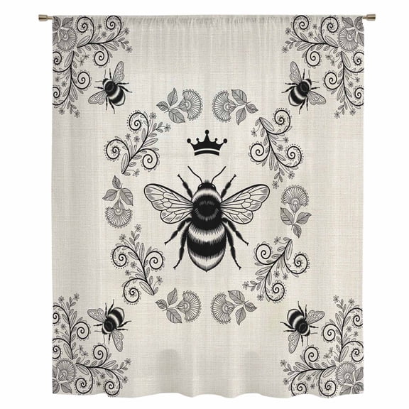 Vintage Bees Crowns Sheer Curtains 45 Inches Long, Rustic Leaves Rings Burlap Light Filering Curtains, Breathable Simi Curtain Privacy Drapes for Kitchen Bathroom Lightweight Small Window Treatment