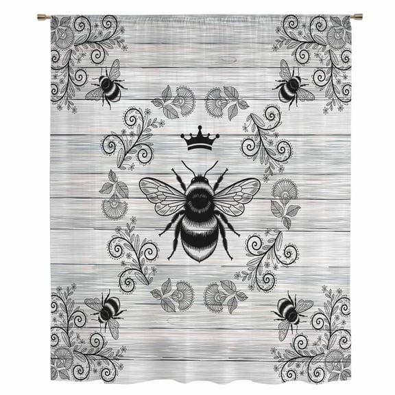 Vintage Bees Crowns Sheer Curtains 54 Inches Long, Retro Leaves Rings Gray Wooden Light Filering Curtains, Breathable Simi Curtain Privacy Drapes for Kitchen Bathroom Small Window Treatment