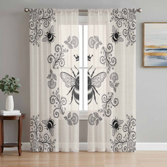 Vintage Bees Crowns Sheer Curtains 96 Inch Length 2 Panels Set, Rustic Leaves Rings Burlap Voile Window Treatment Semi Sheer Long Curtains Drapes for Bedroom/Living Room/Kitchen 52"x96"x2