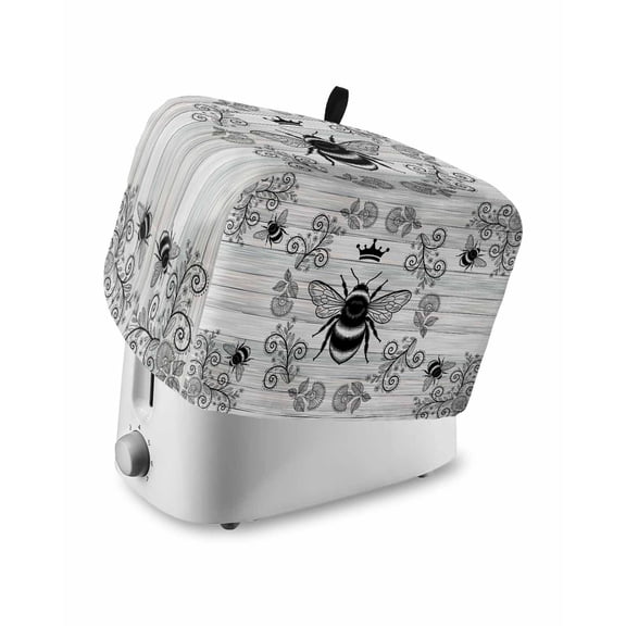 Vintage Bees Crowns Small Toaster Cover 2 Slice, Kitchen Appliance Covers, Retro Leaves Rings Gray Wooden Toaster Oven Cover with Loop, Bread Machine Cover Polyester Dust Cover Protection