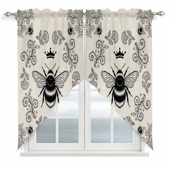 Vintage Bees Crowns Swag Curtains for Living Room/Bedroom, Rustic Leaves Rings Burlap Swag Kitchen Curtain Valances for Windows, Tier Topper Scalloped Curtain 2 Panels, 56"W x 36"L