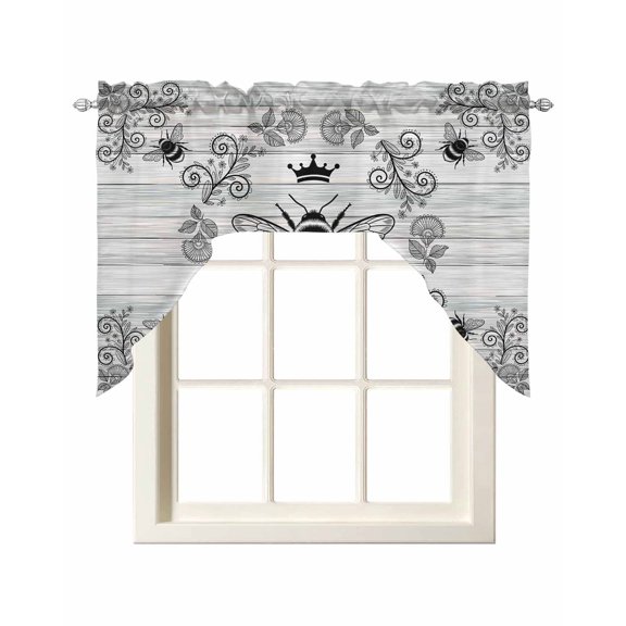 Vintage Bees Crowns Swag Valances for Windows, Small Curtains Drapes, Retro Leaves Rings Gray Wooden Kitchen Window Curtains Over Sink Rod Pocket Window Treatment Valance for Bedroom/Bathroom 56"x36"