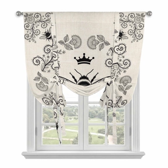 Vintage Bees Crowns Tie Up Curtains for Window, Thermal Insulated Balloon Shade Adjustable Rod Pocket Curtains Valance Panels for Kitchen Bathroom Cafe 46 x 63 Rustic Leaves Rings Burlap