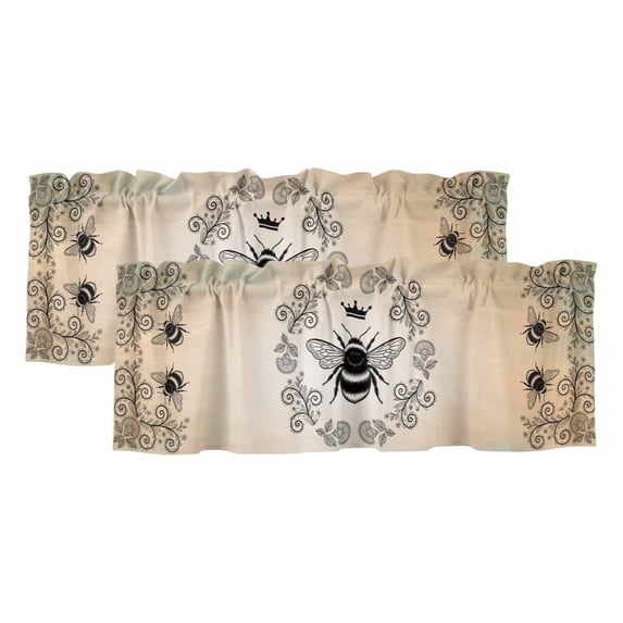 Vintage Bees Crowns Valances for Windows, Decorative Rod Pocket Window Valance Curtains, Rustic Leaves Rings Brown Gradient Short Curtain Drapes for Kitchen/Living Room, 2 Panels, 60" W x 18" L