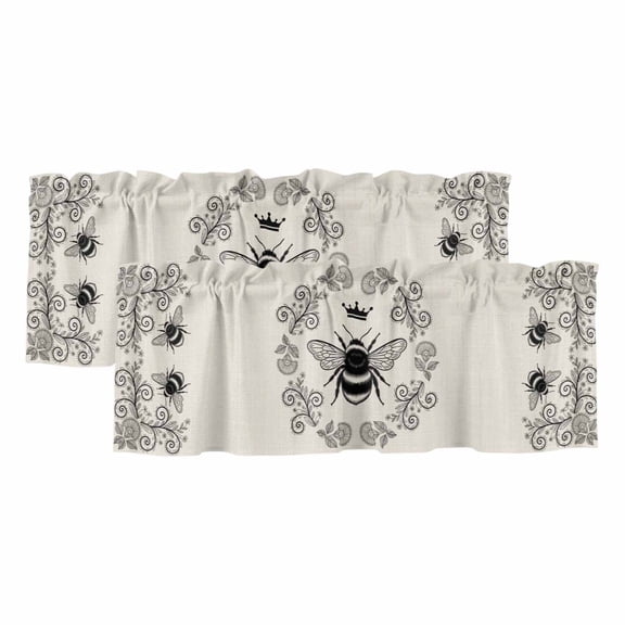 Vintage Bees Crowns Valances for Windows, Decorative Rod Pocket Window Valance Curtains, Rustic Leaves Rings Burlap Short Curtain Drapes for Kitchen/Bathroom/Living Room, 2 Panels, 42" W x 12" L