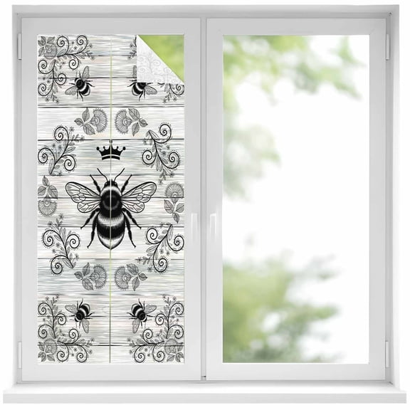 Vintage Bees Crowns Window Privacy Film, Retro Leaves Rings Gray Wooden Static Cling UV Sun Blocking Heat Control Window Tint Day and Night, Non-Adhesive One Way Windows Privacy Cover 17.7''x39.3''
