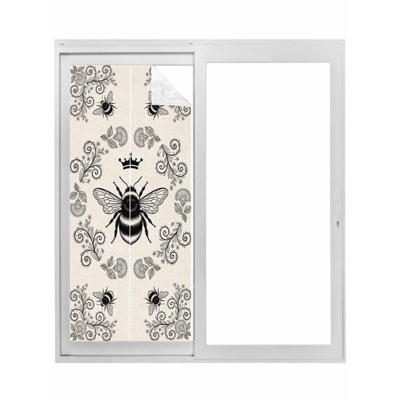 Vintage Bees Crowns Window Privacy Film, Rustic Leaves Rings Burlap Static Cling UV Sun Blocking Tint Film Heat Control Windows Films for Bedroom Bathroom, Window Stickers 17.7"x39.3"