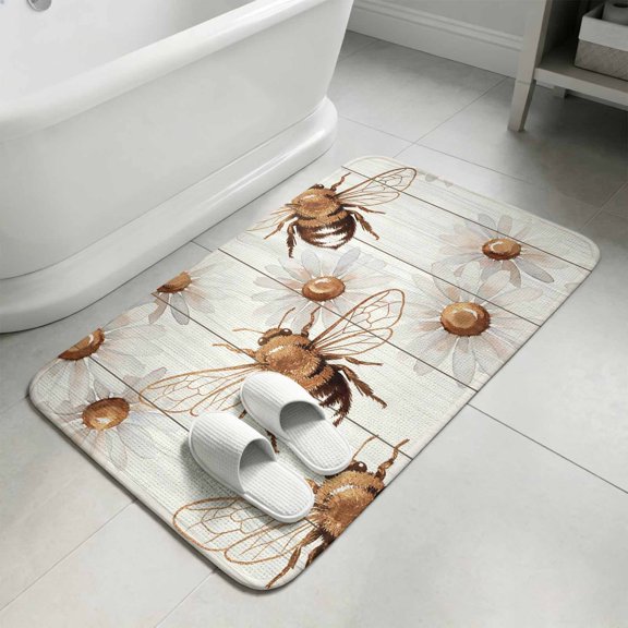 Vintage Bees Daisy Bathroom Rugs Non Slip Washable Bath Mat Absorbent Low Pile Front Door Mat Wooden Farmhouse Art Retro Indoor Doormat for Kitchen Entryway Shower Decor Accessories 19.7"x31.5"