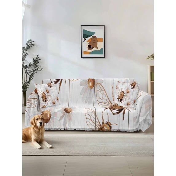 Vintage Bees Daisy Couch Cover for Dogs, Wooden Farmhouse Art Retro Washable Sofa Covers Slipcover for Pets Dogs Futon Cover, Couch Recliner Covers, Oversized Chair Slipcover 71"x91"