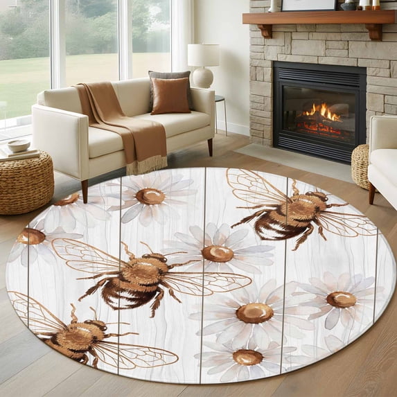 Vintage Bees Daisy Round Area Rug 8Ft Washable Large Circle Rugs for Living Room Dorm, Wooden Farmhouse Art Retro Non-Slip Carpet Floor Mats Indoor Outdoor Carpet Runner Aesthetic Home Decor