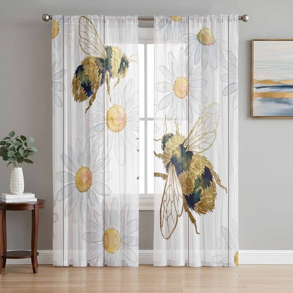 Vintage Bees Daisy Sheer Curtains 84 Inch Length 2 Panels Set Window Treatments, Wooden Farmhouse Retro Art Rod Pocket Semi Curtains for Living Room/Bedroom/Kitchen Décor, 104"W x 84"L