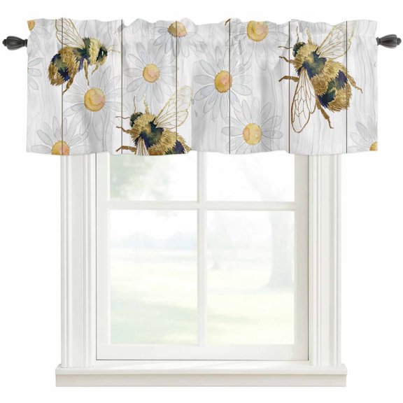 Vintage Bees Daisy Valances for Windows Farmhouse Kitchen Curtains Valances Rod Pocket Valance Curtains for Kitchen Windows Wooden Farmhouse Retro Art Window Valances for Bathroom Bedroom 42"x12"