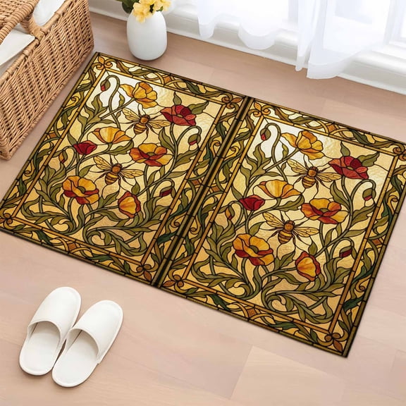 Vintage Bees Entryway Rug 2'x3' Non Slip Front Door Mats, Country Retro Animal Flowers Yellow Brown Entrance Rugs Indoor Outdoor Carpet, Washable Floor Mats Small Area Rug for Bedroom Kitchen