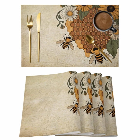 Vintage Bees Placemats Set of 4, Daisy Floral Pastoral Retro Art Placemats for Dining Table, Place Mats for Kitchen Tabletop, Waterproof Wipeable Dining Table Mats Set