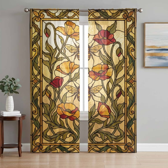 Vintage Bees Sheer Curtains 63 Inch Length 2 Panels Set Window Treatments, Country Retro Animal Flowers Yellow Brown Rod Pocket Semi Curtains for Living Room/Bedroom/Kitchen Décor, 104"W x 63"L