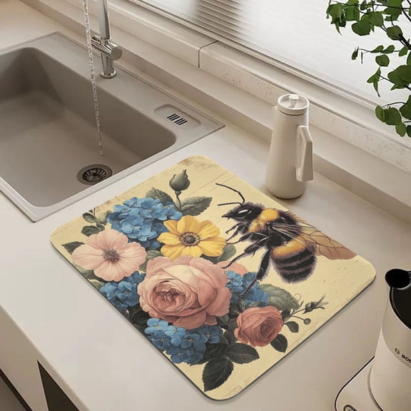 Vintage Bees and Flowers Dish Drying Mat for Kitchen Counter Absorbent Drainer Mats (15.7X11.8Inch)