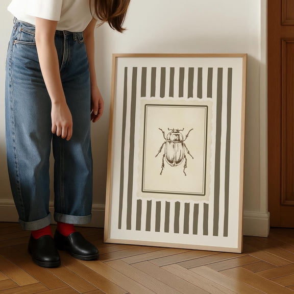 Vintage Beetle Insect Green Stripe Wall Art, Unframed Canvas Size 16x24