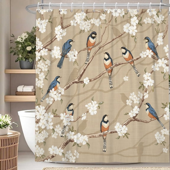 Vintage Beige Bird Floral Shower Curtain,Polyester Bathroom Curtain,72 x 72 Inch,Waterproof Bath Curtain with 12 Hooks
