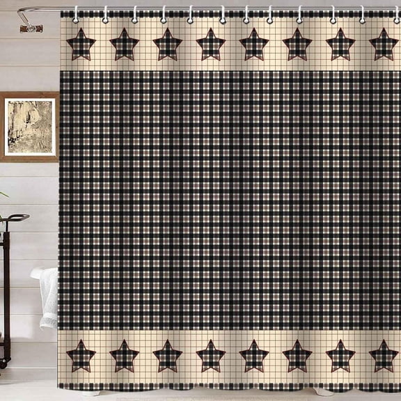 Vintage Beige Black Buffalo Plaid Shower Curtain, Primitive Classic Check Star Cabin Lodge Country Rustic Farmhouse Bathroom Decor, Waterproof Fabric Shower Curtain, 72 X 72 Inch