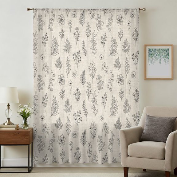 Vintage Beige Botanical Sheer Curtains 108" Extra Long for Living Room, Farmhouse Summer Floral Light Filtering Privacy Drapes, Breathable Semi Sheer Window Treatment for Floor to Ceiling Window