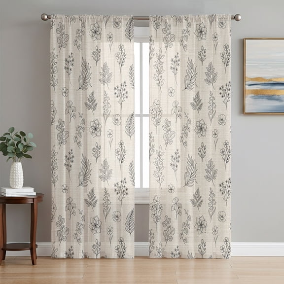 Vintage Beige Botanical Sheer Curtains 72 Inches Long, Farmhouse Summer Floral Light Filtering Window Curtains for Living Room/Bedroom, Rod Pocket Voile Sheer Curtain Drapes, 52"W x 72"L, 2 Panels