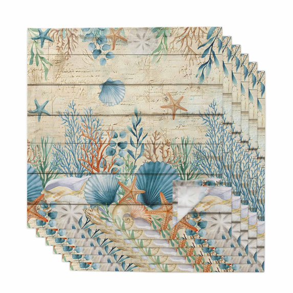 Vintage Beige Coastal Cloth Napkins, Summer Beach Starfish Shell Coral Nautical Washable and Reusable Dinner Napkins Set of 6, Table Napkin for Kitchen Party Birthday Wedding Hotel 20"x20"