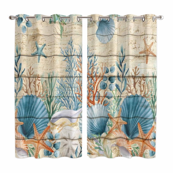 Vintage Beige Coastal Kitchen Curtains Window Panels, Summer Beach Starfish Shell Coral Nautical Insulated Window Treatment Curtain, Grommet Curtains for Bedroom/Living Room, 2 Piece 52"Wx84"L
