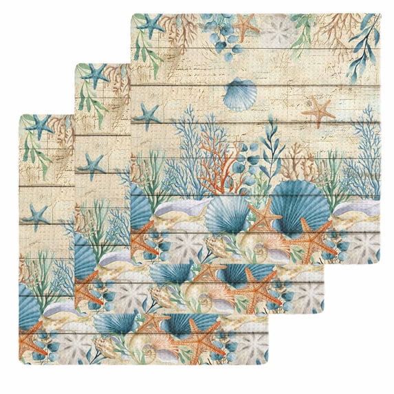 Vintage Beige Coastal Kitchen Dish Towels for Drying Dishes Set of 3, Summer Beach Starfish Shell Coral Nautical Waffle Weave Microfiber Hand Tea Bathroom Towels Quick Dry & Absorbent Towel 12x12