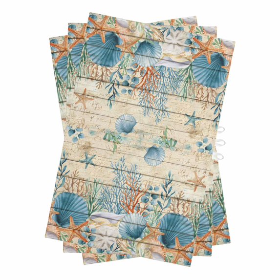 Vintage Beige Coastal Kitchen Towels Set of 3, Water Absorbent Dish Towel, Summer Beach Starfish Shell Coral Nautical Decorative Hand Towels - Quick Drying Cloth for Cooking Baking, 18x28 Inch