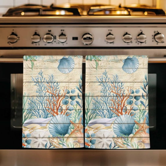 Vintage Beige Coastal Kitchen Towels Set of 4, Summer Beach Starfish Shell Coral Nautical Absorbent Dish Towels for Kitchen, Microfiber Hand Towel, Quick Drying Tea Towel for Cleaning Dishcloths