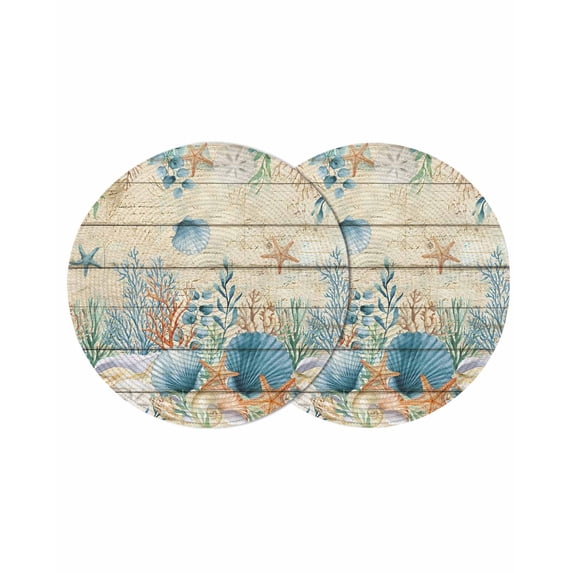 Vintage Beige Coastal Round 13 Inch Placemats Set of 2, Summer Beach Starfish Shell Coral Nautical HeatResistant Non Slip Place Mats for Dining Table, Wipeable Kitchen Table Mats for Housewarming