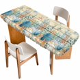 thumbnail image 1 of Vintage Beige Coastal Table Cloths for 8 Foot Rectangle Tables, Summer Beach Starfish Shell Coral Nautical Patio Waterproof Elastic Fitted Tablecloths, Washable Rectangular Table Cover for Camping, 1 of 8