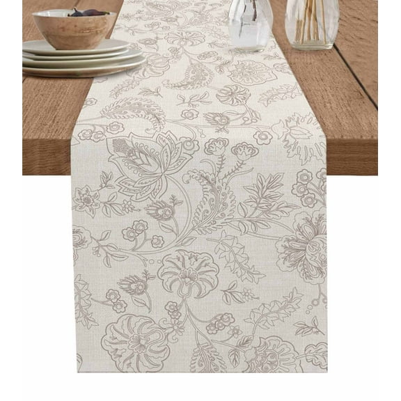 Vintage Beige Floral Burlap-Cotton Table Runner 72 Inches Long,Farmhouse Botanical Ethnic Farmhouse Table Runners,Outdoor Dining Tablecloths Decor for Baby Shower Party Wedding 14x72