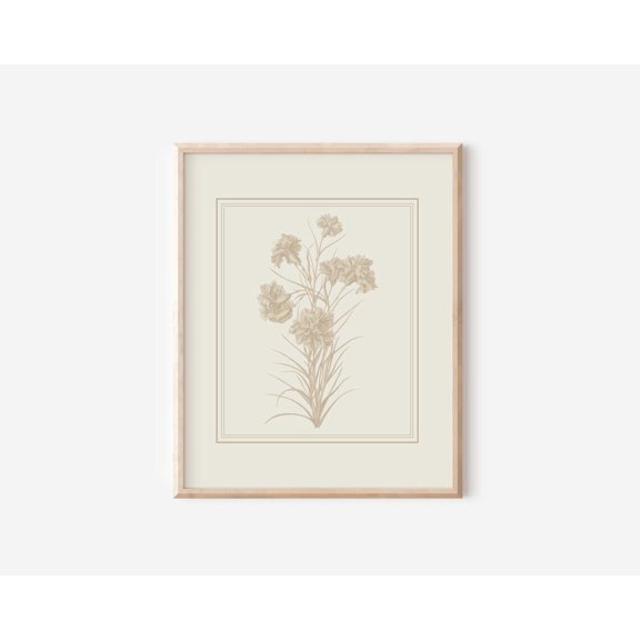 Vintage Beige Floral Print Botanical Lithograph