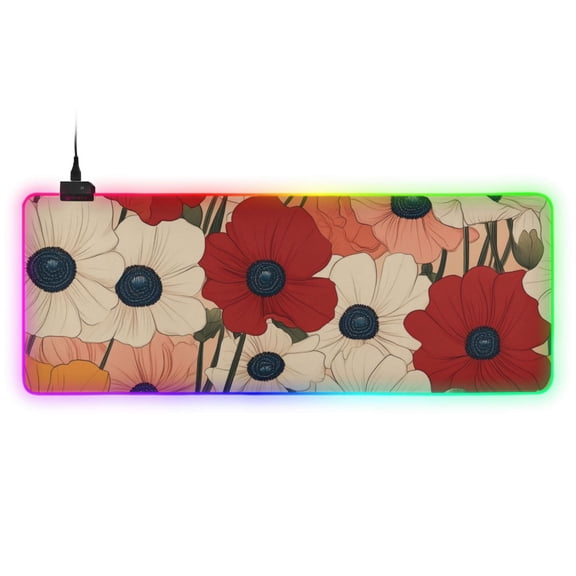 Vintage Beige Floral RGB Gaming Mouse Pad Large Keyboard Mat Rubber Base 13 Light Modes