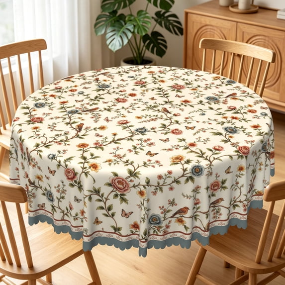Vintage Beige Floral Round Tablecloth,60 Inch,Stain Resistant Waterproof Table Cover for Dining Room Kitchen Party Decor
