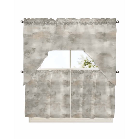 Vintage Beige Kitchen Curtain and Valance Set 3 Pieces, Rod Pocket Short Tier Curtains 24 Inch Length, Modern Abstract Art Oil Painting Swag Topper Small Window Treatment for Cafe Bathroom Bedroom