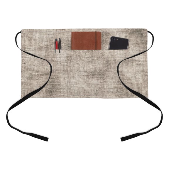 Vintage Beige Linen Texture Kitchen Restaurant Half Waist Apron, Minimalist Brown Distressed Pattern Server Short Apron with 3 Pockets Waterproof Oil Waist Aprons for Women Waitress Waiter