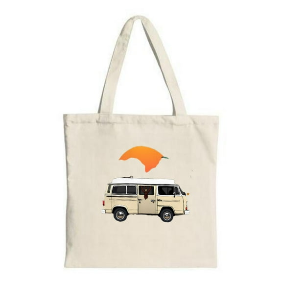Vintage Beige Van Tote Bag with Orange Sun Design Classic Shape Perfect for Shopping Travel and Parties - Reusable Canvas Bag