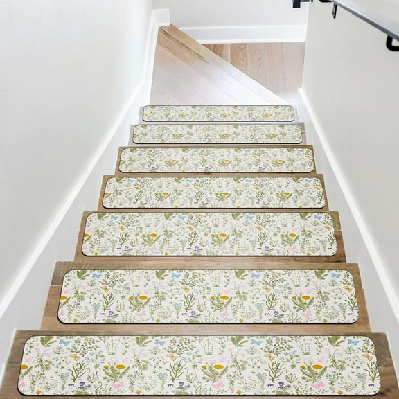Vintage Beige Wildflowers Carpet Stair Treads for Wooden Steps, Indoor 30"X8" Extra Non Slip Reusable Staircase Step Treads, Soft Rubber Safety Stair Mats for Pets & Elders