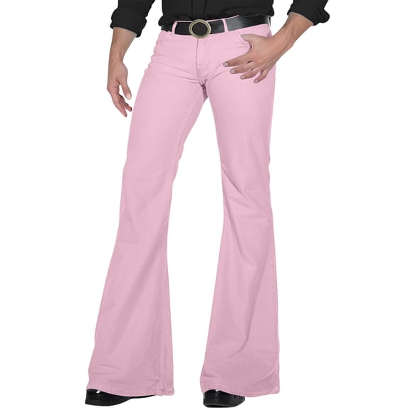 Vintage Bell Bottom Jeans for Men Retro 70s Style Flared Stretch Twill Pants Solid Wide Leg Stretch Casual Trousers Pink M