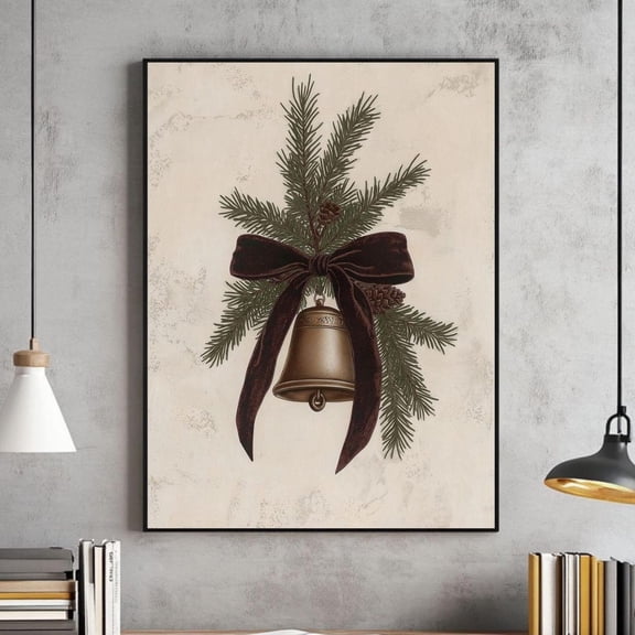 Vintage Bell Print With Pine And Brown Bow Ribbon, Neutral Wall Art, Rustic Modernable Art Home Decor #193, Stretched Canvas Size 12x18