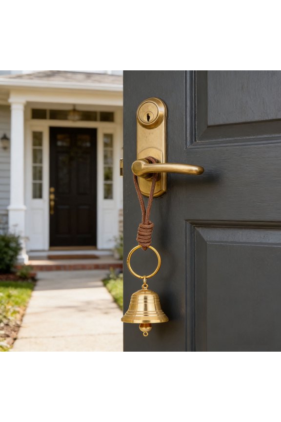 Vintage Bell Wind Chime with Leather Rope Key Ring Brass Metal Hanging Pendant Multipurpose Farmhouse Decorative Ornament for Indoor Outdoor Door Window Garden Car Rearview Mirror Home Patio Entryway