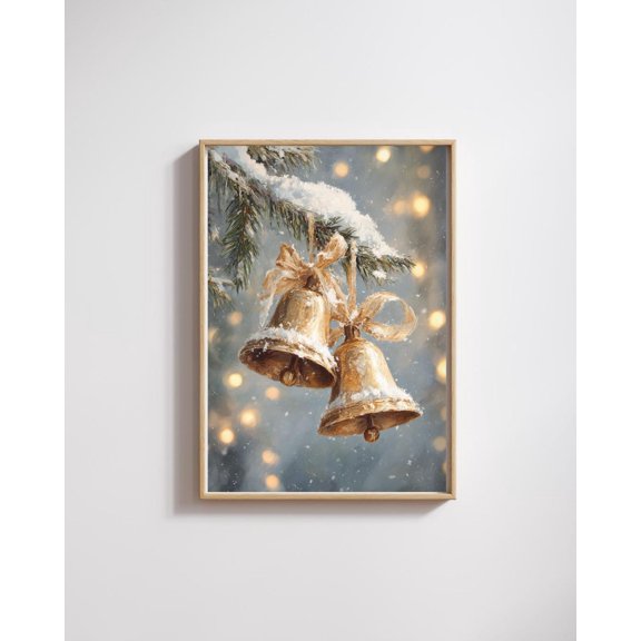 Vintage Bells Snowy Pine BranchDecor Poster Decor Wall Art Wall Decor, Stretched Canvas Size 16x24 F03.1.22l304