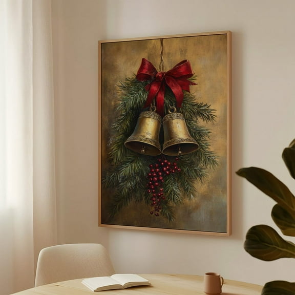 Vintage Bells Wall Art – Festive Holiday With Red Bow And Holly For Living Room, Kitchen, Or Entryway Decor Wall Art, Modern Wall Decor, 8x12 UNFRAMED
